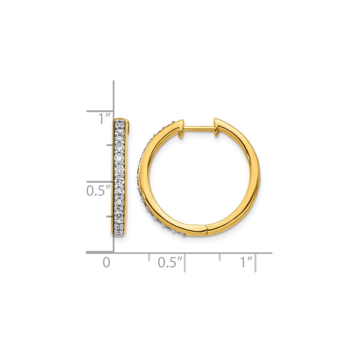 10k Yellow Gold Hoop Earrings with Pave Setting and Round White Stones, Front Facing Hinged Design