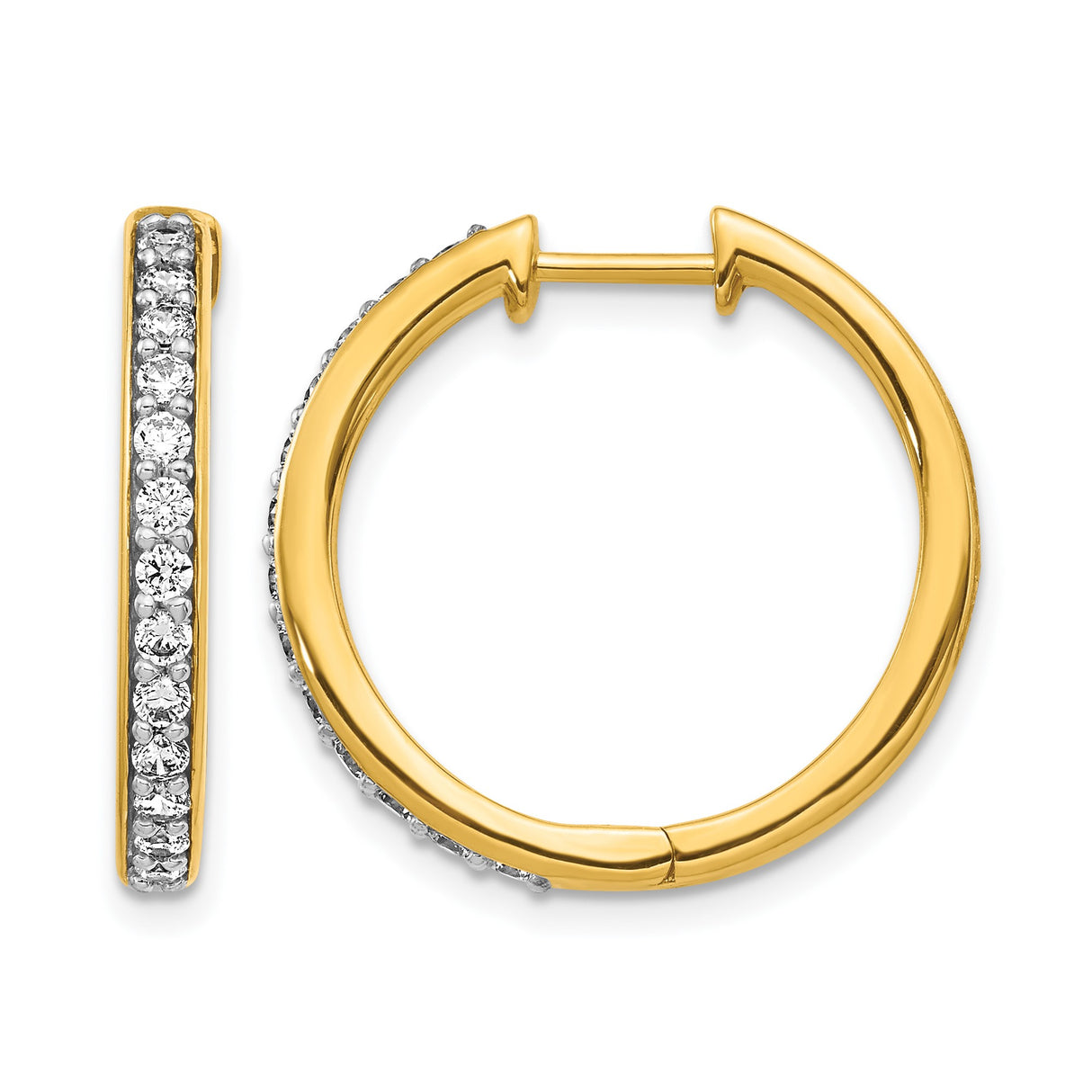 10k Yellow Gold Hoop Earrings with Pave Setting and Round White Stones, Front Facing Hinged Design