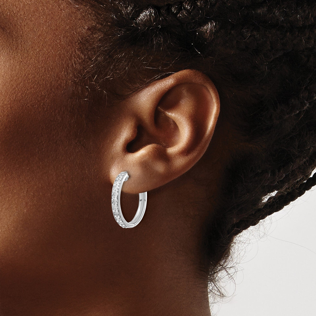 10k White Gold Hoop Earrings with Round Cubic Zirconia, Lightweight Hinged Design for Women