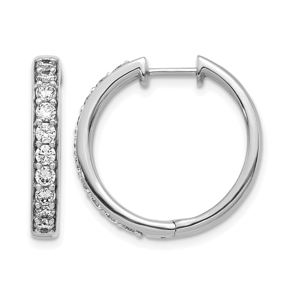 10k White Gold Hoop Earrings with Round Cubic Zirconia, Lightweight Hinged Design for Women