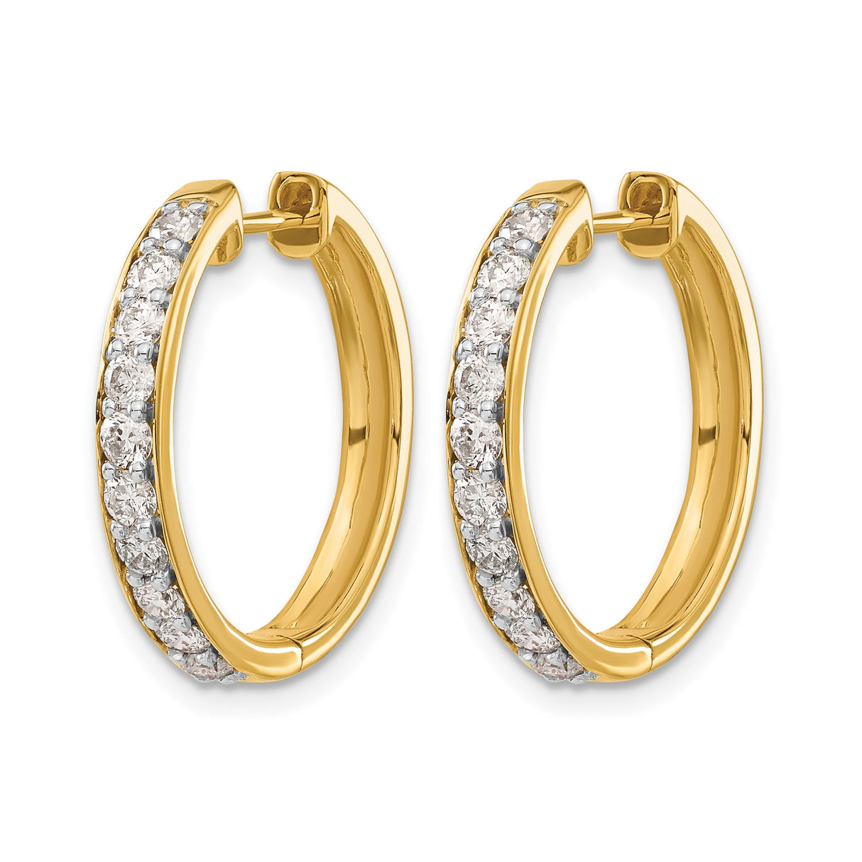 14k Yellow Gold Hoop Earrings with Round Cut Diamonds, Polished Lightweight Style