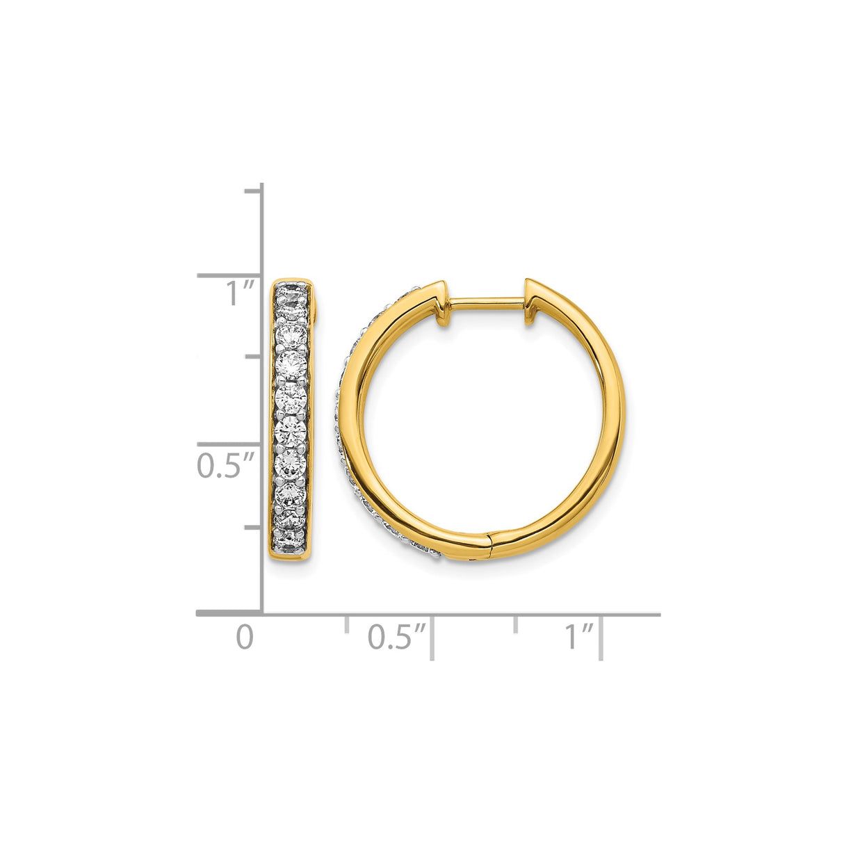 14k Yellow Gold Hoop Earrings with Round Cut Diamonds, Polished Lightweight Style