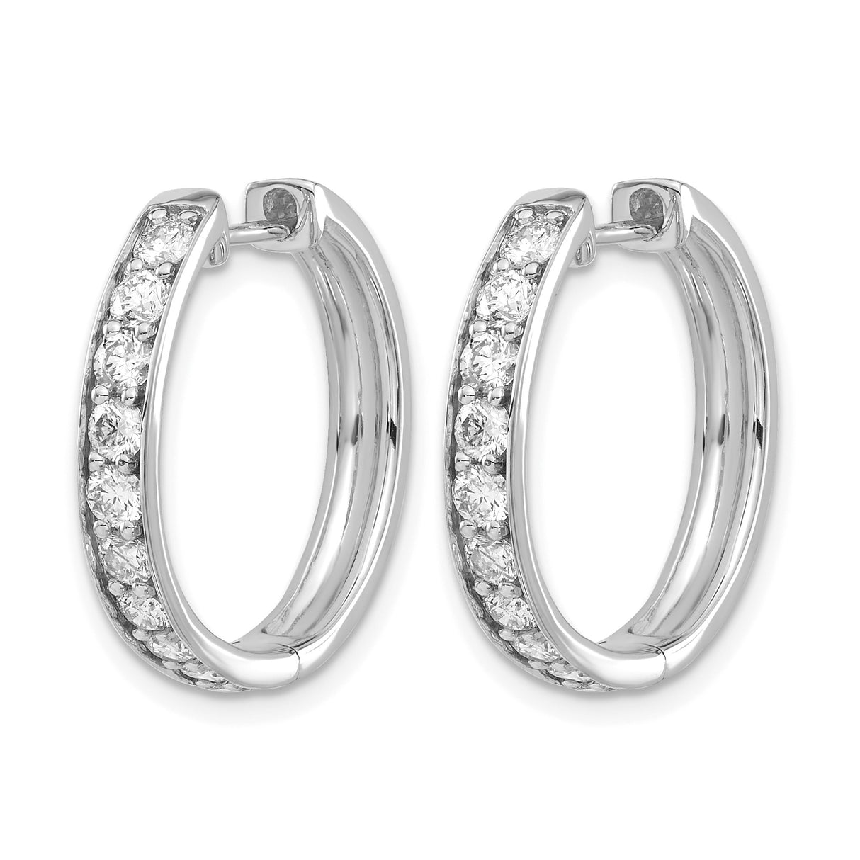 14k White Gold Diamond Hoop Earrings, Prong Set Round Diamonds, Huggie Style
