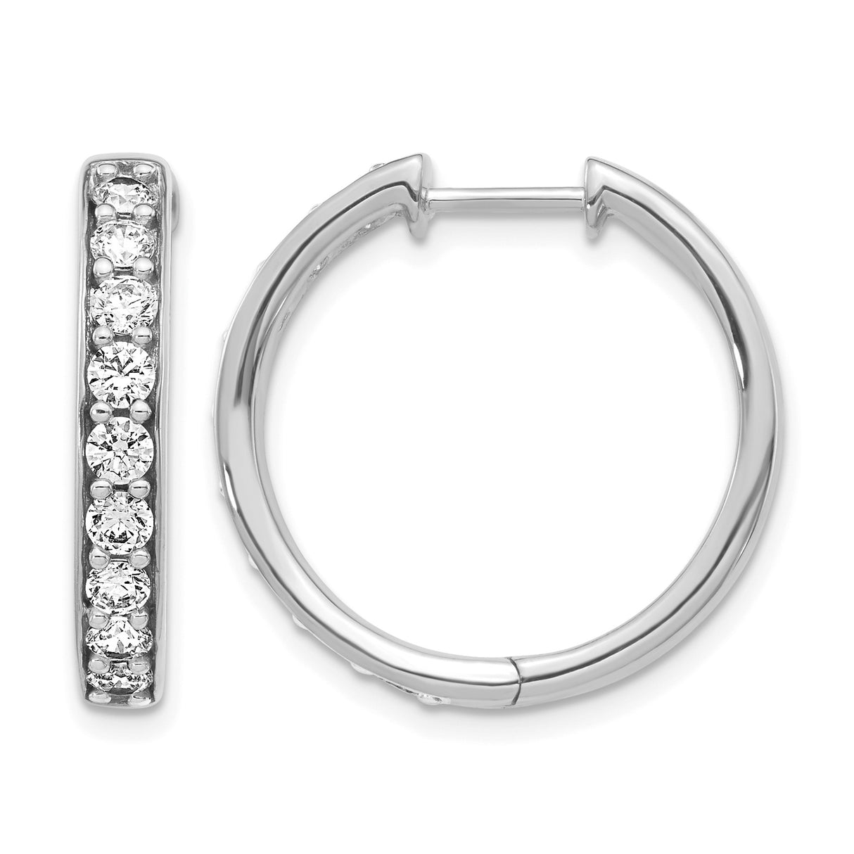 14k White Gold Diamond Hoop Earrings, Prong Set Round Diamonds, Huggie Style