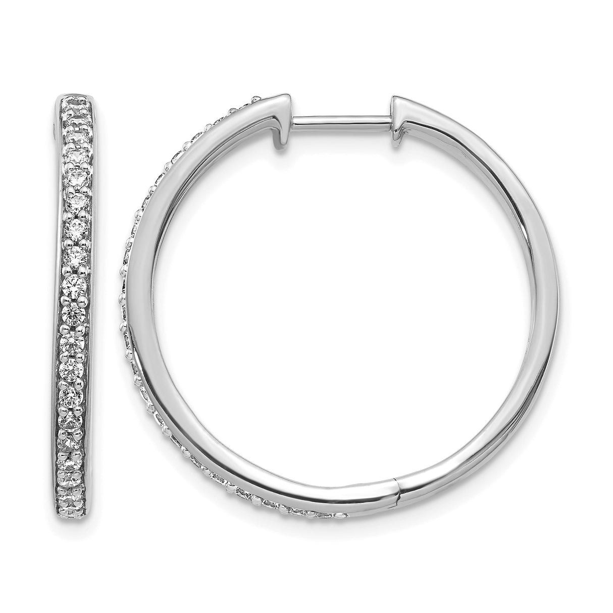 10k White Gold Hoop Earrings with Pave White Stones, Classic Hinged Round Design for Women