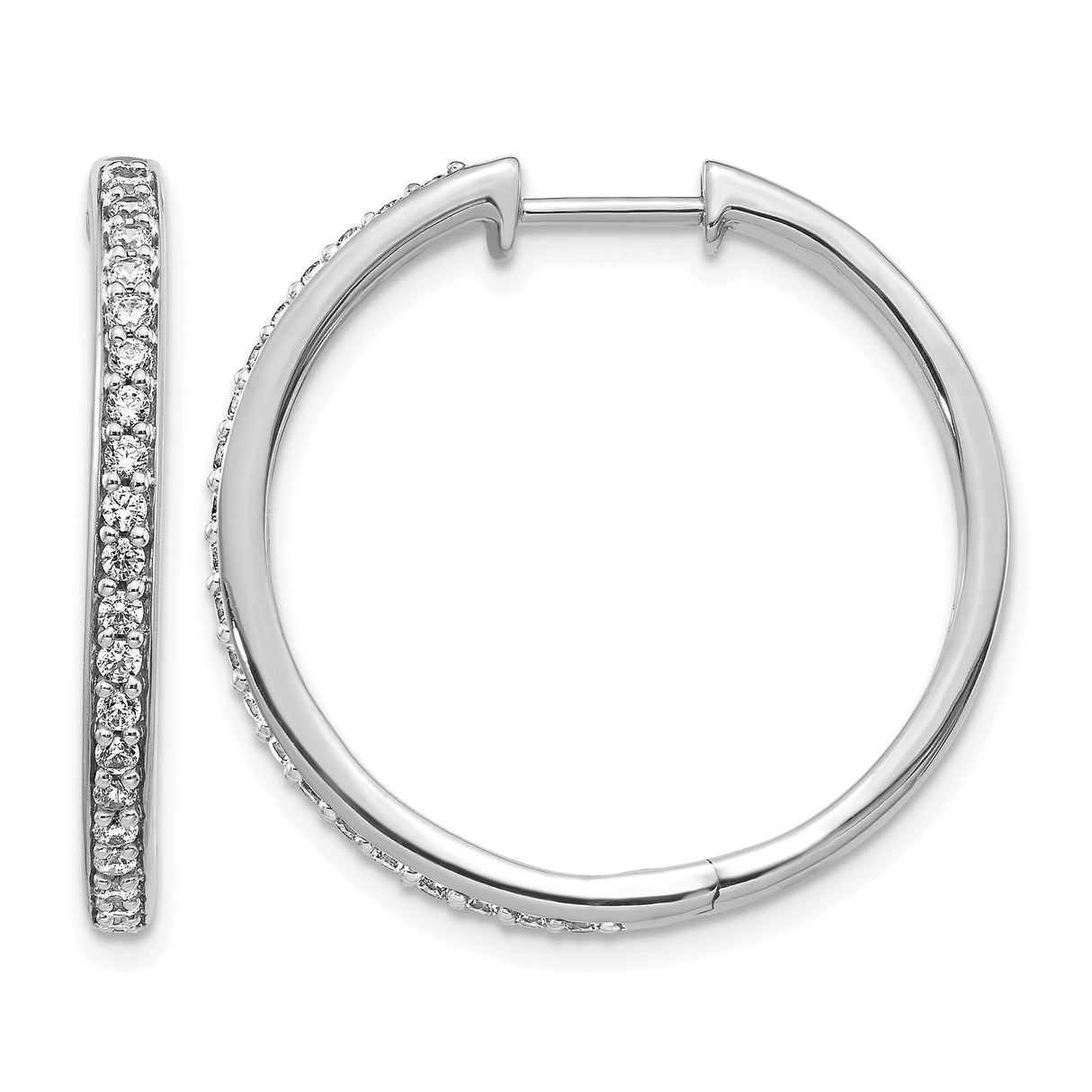 14k White Gold Hoop Earrings with Diamonds, Sleek Round Design, High Polish Finish