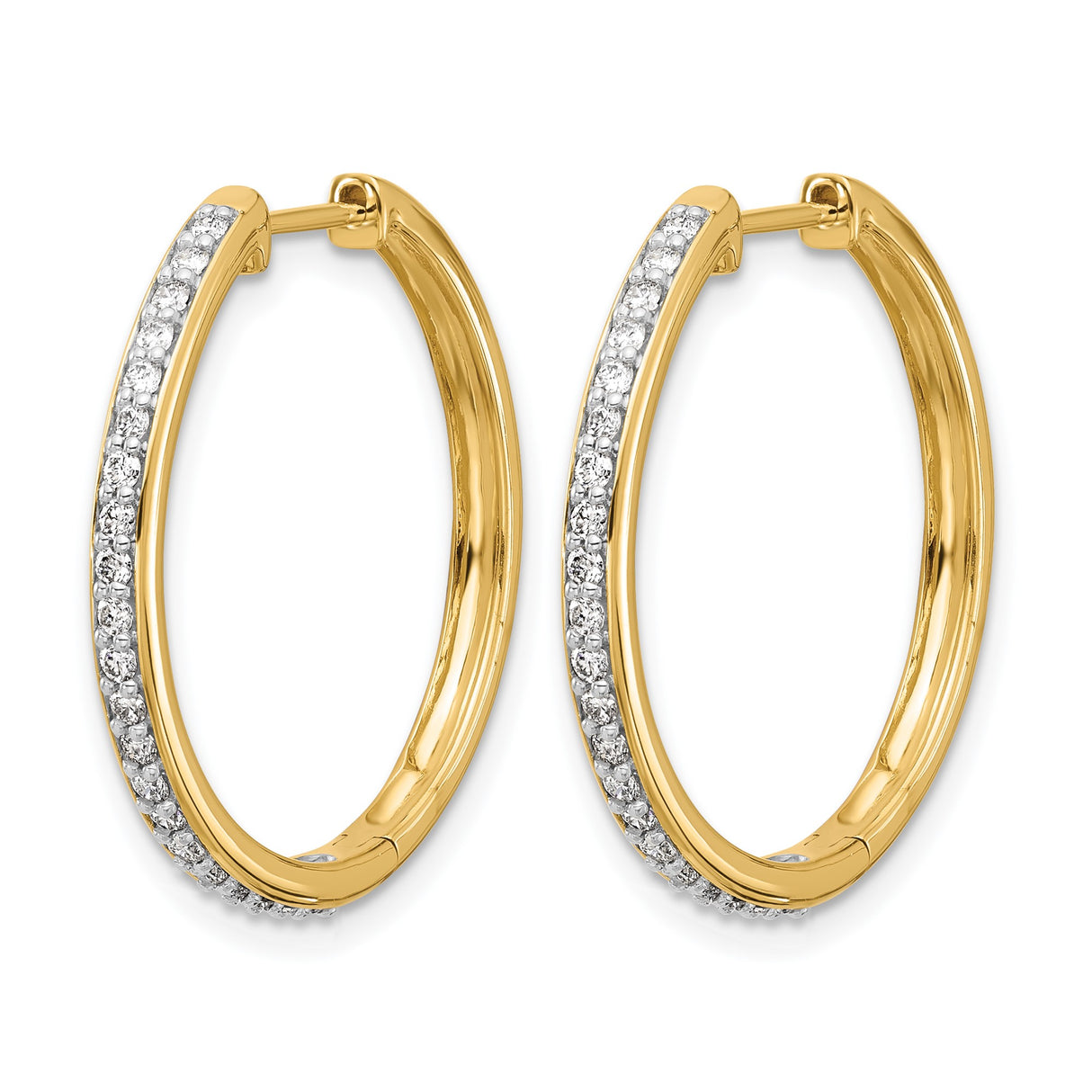 14k Yellow Gold Hoop Earrings with Round Cut Diamonds, Classic Hinged Design for Women
