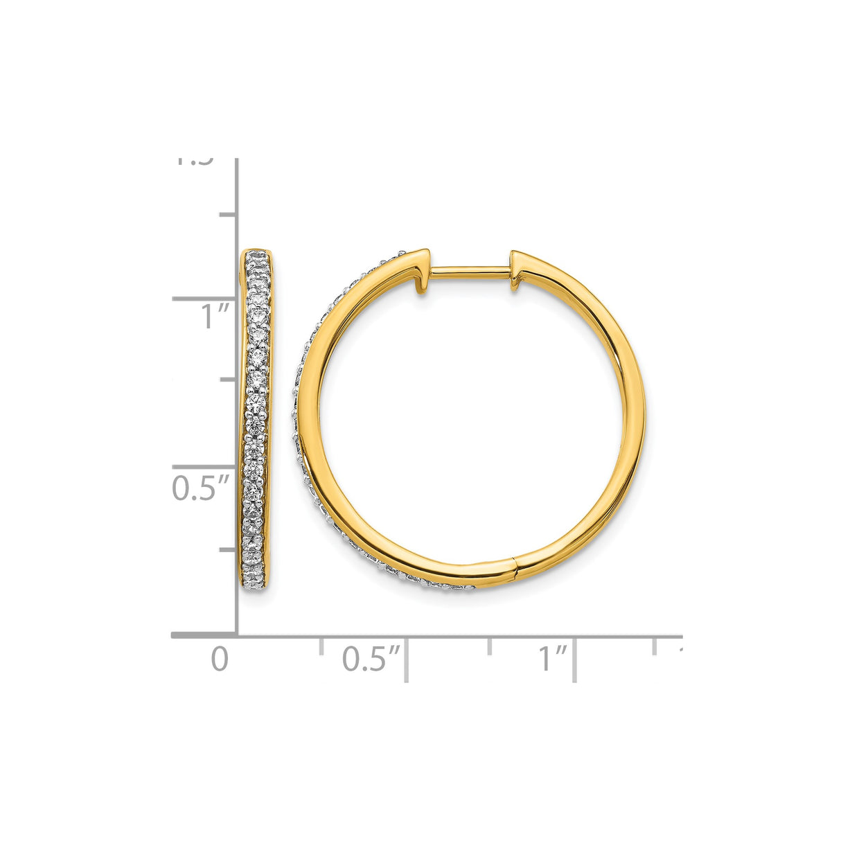 14k Yellow Gold Hoop Earrings with Round Cut Diamonds, Classic Hinged Design for Women