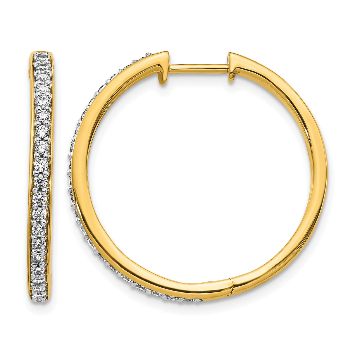 14k Yellow Gold Hoop Earrings with Round Cut Diamonds, Classic Hinged Design for Women