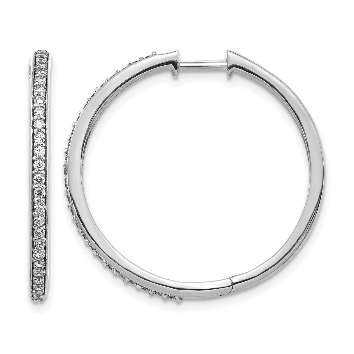 14k White Gold Hoop Earrings with Diamonds, Polished Modern Hinged Design for Women