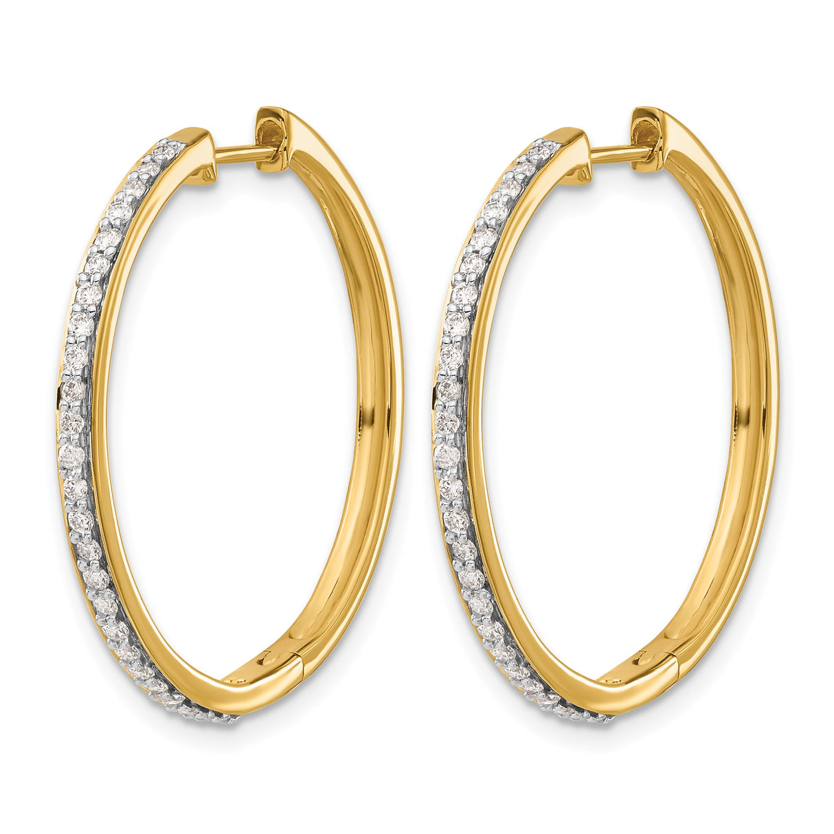 14k Yellow Gold Hoop Earrings with Round Cut Diamonds, Polished Finish, Classic Sleek Design