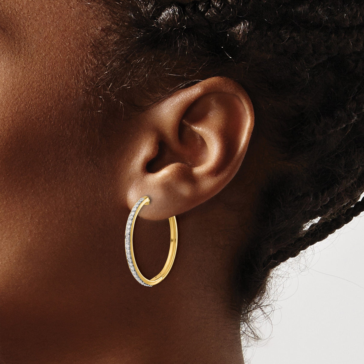 14k Yellow Gold Hoop Earrings with Round Cut Diamonds, Polished Finish, Classic Sleek Design