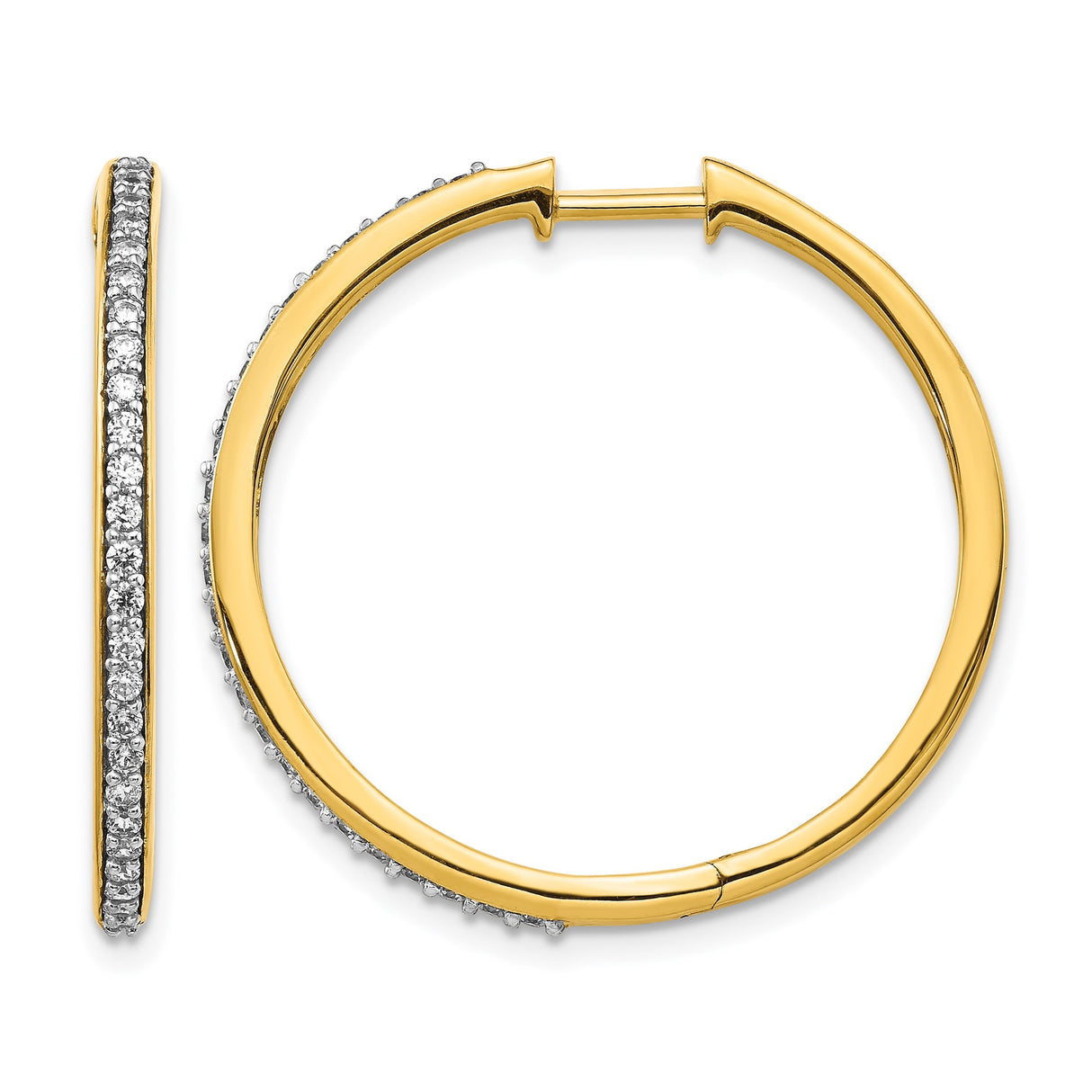 14k Yellow Gold Hoop Earrings with Round Cut Diamonds, Polished Finish, Classic Sleek Design