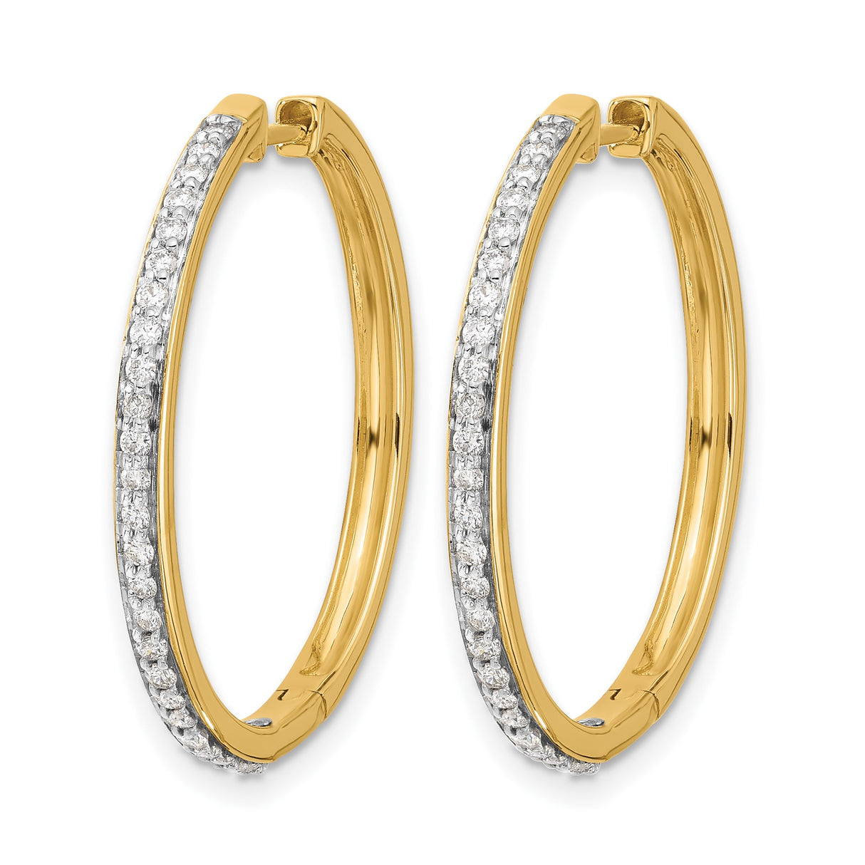 14k Yellow Gold Hoop Earrings with Round Cut Diamonds, Classic Hinged Style for Women