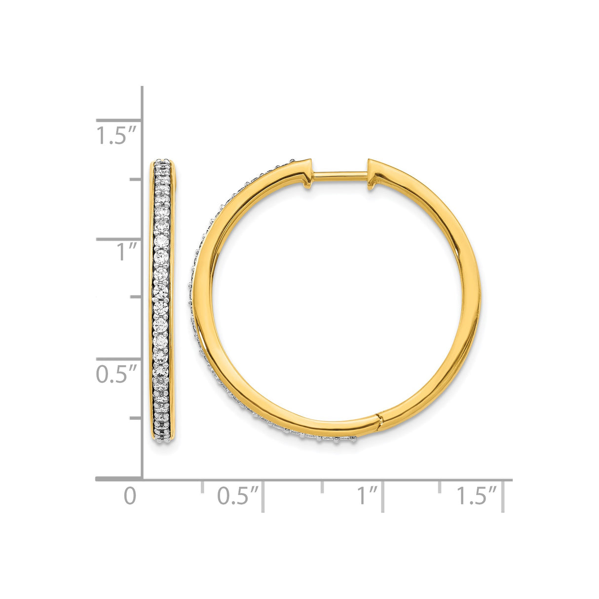 14k Yellow Gold Hoop Earrings with Round Cut Diamonds, Classic Hinged Style for Women