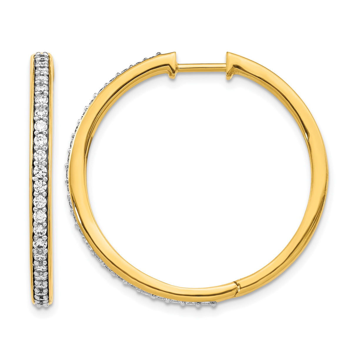 14k Yellow Gold Hoop Earrings with Round Cut Diamonds, Classic Hinged Style for Women