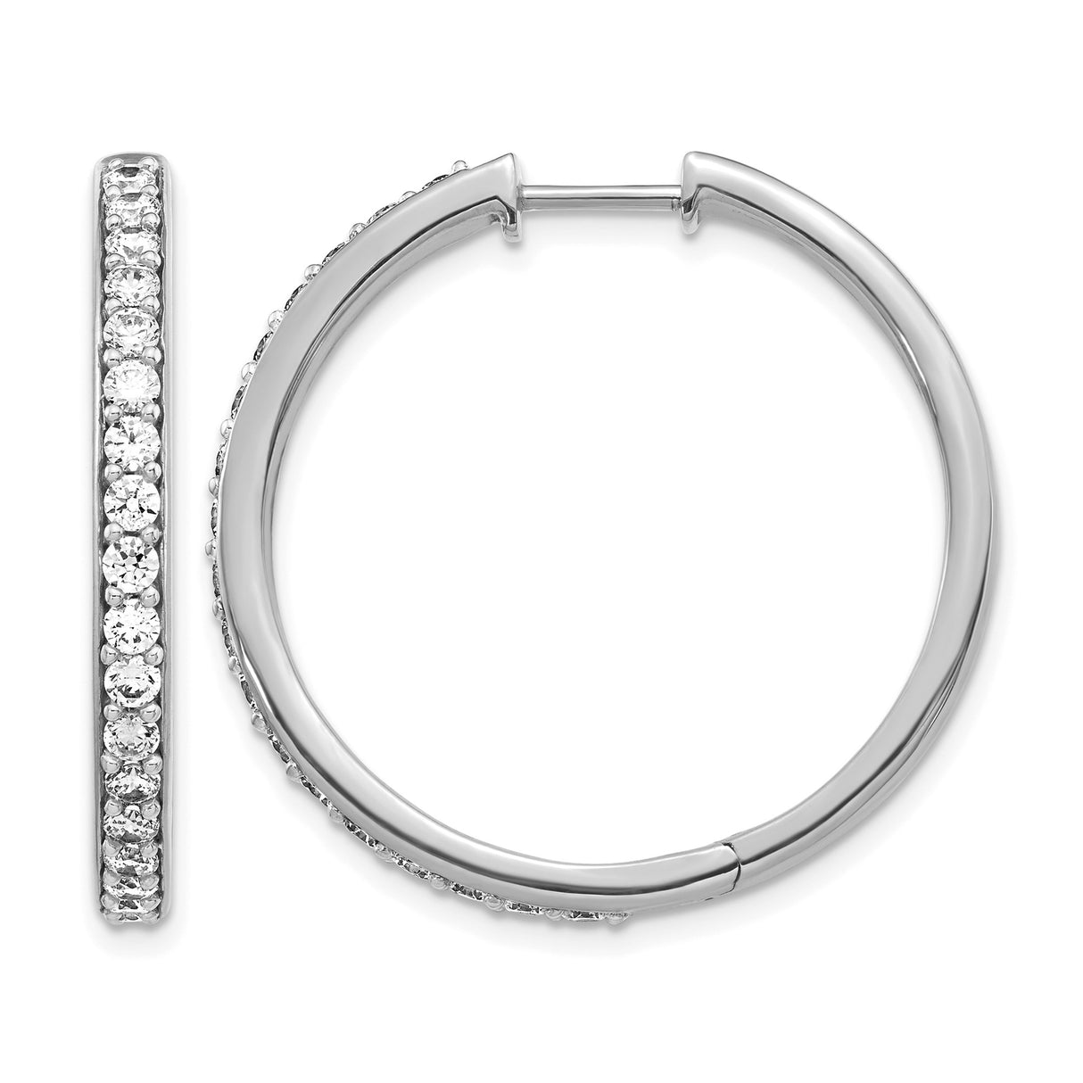 14k White Gold Hoop Earrings with Round Pavé Diamonds, Classic High-Polish Design for Women