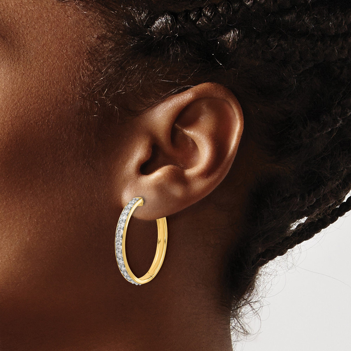 14k Yellow Gold Hoop Earrings with Channel Set Diamonds, Classic Round Huggies for Women