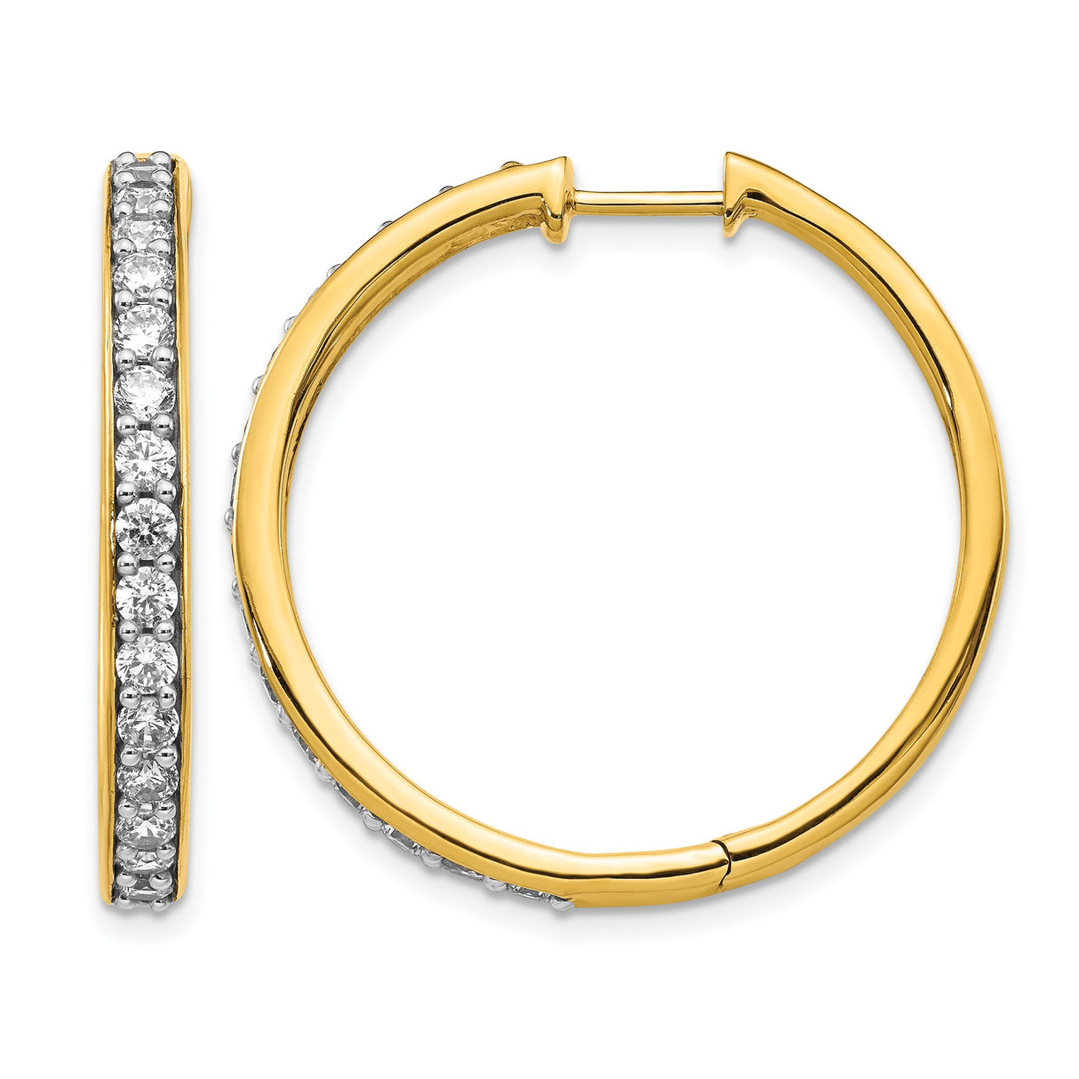 14k Yellow Gold Hoop Earrings with Channel Set Diamonds, Classic Round Huggies for Women