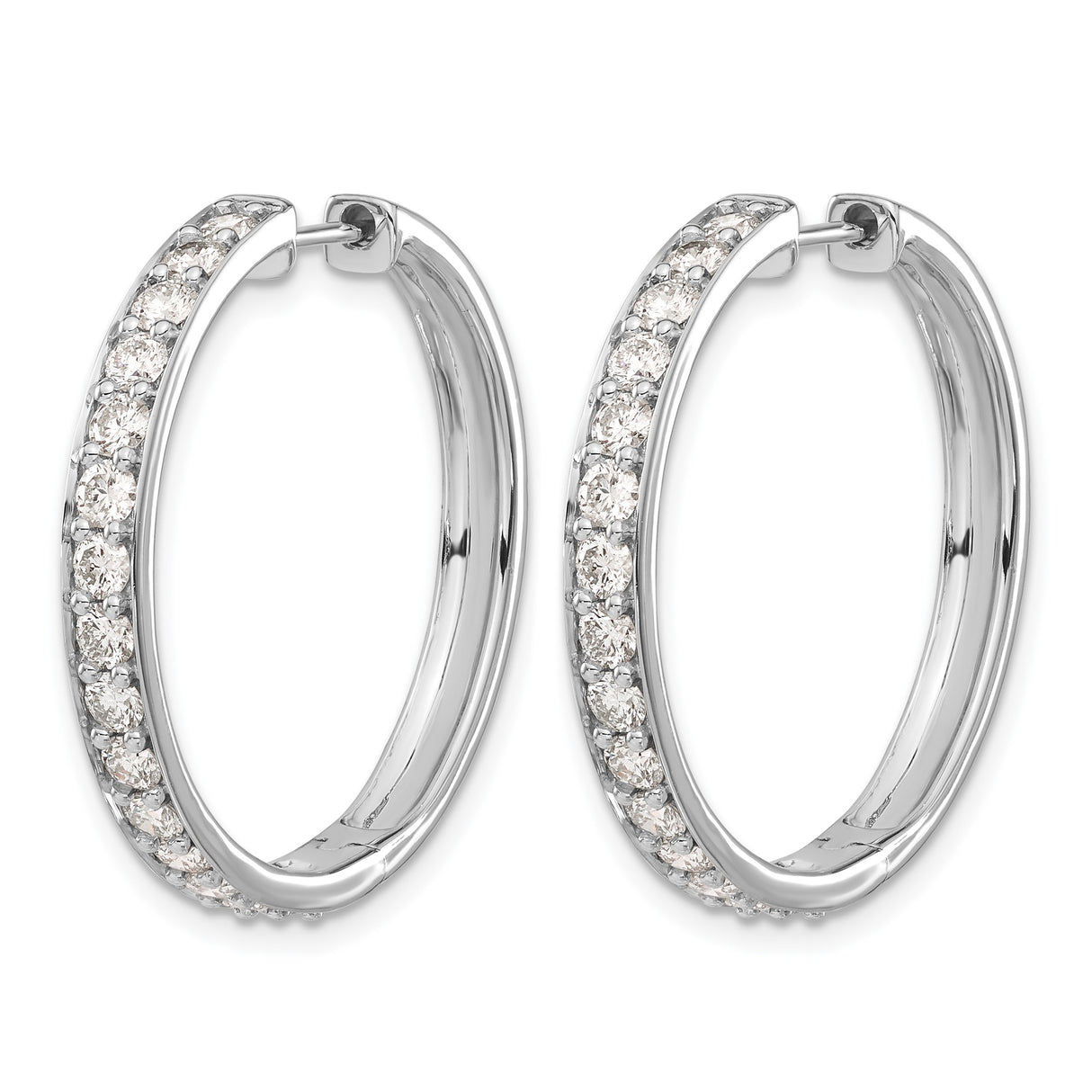 14k White Gold Hoop Earrings with Round Cut Diamonds, Channel Set, Hinged Clasp Closure