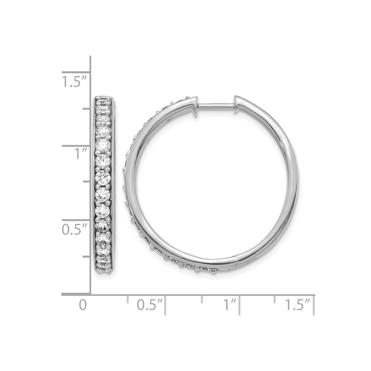 14k White Gold Hoop Earrings with Round Cut Diamonds, Channel Set, Hinged Clasp Closure