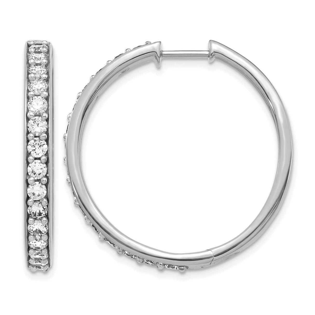 14k White Gold Hoop Earrings with Round Cut Cubic Zirconia, Channel Set, Hinged Clasp Closure