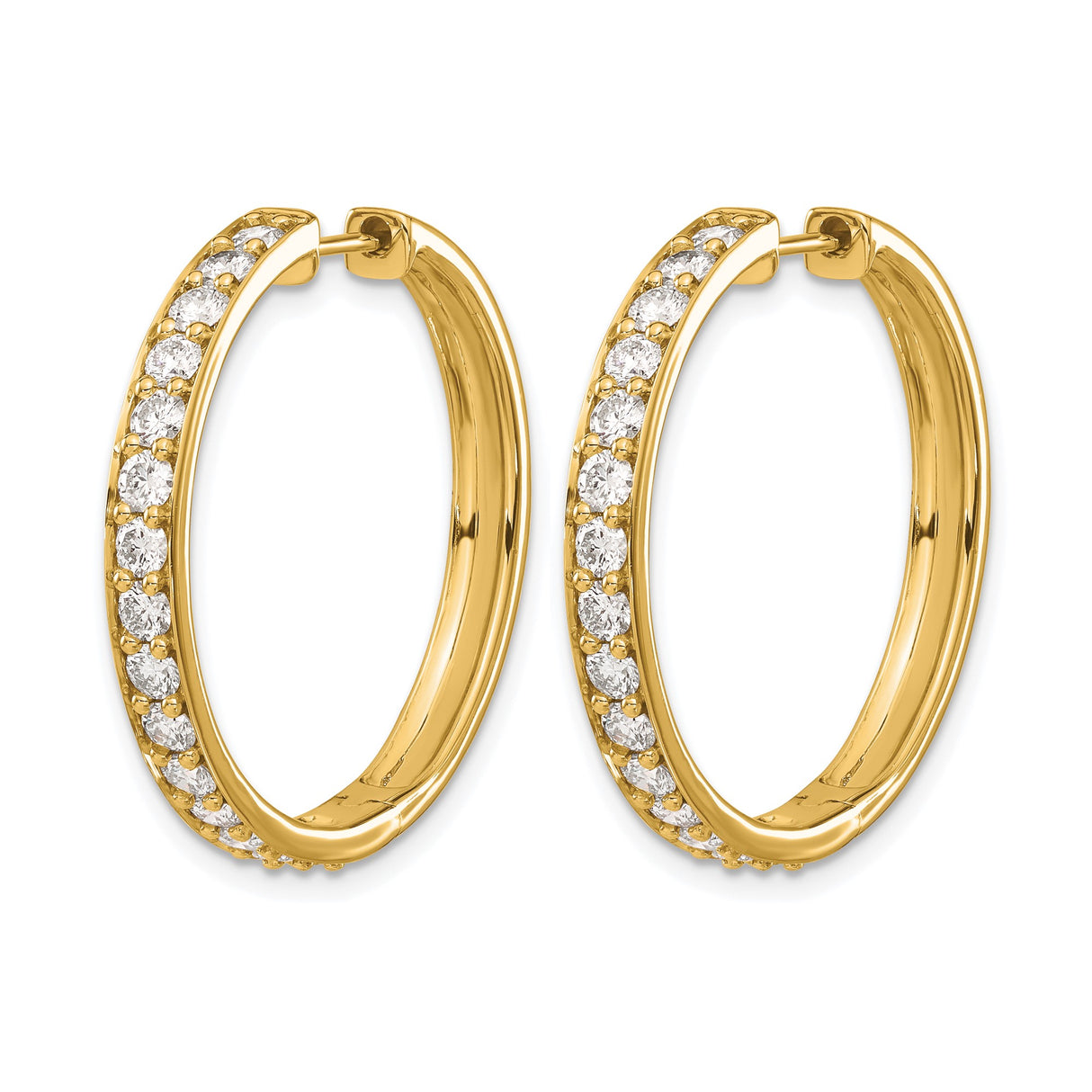 14k Yellow Gold Hoop Earrings with Round Cut Diamond in Shared Prong Setting