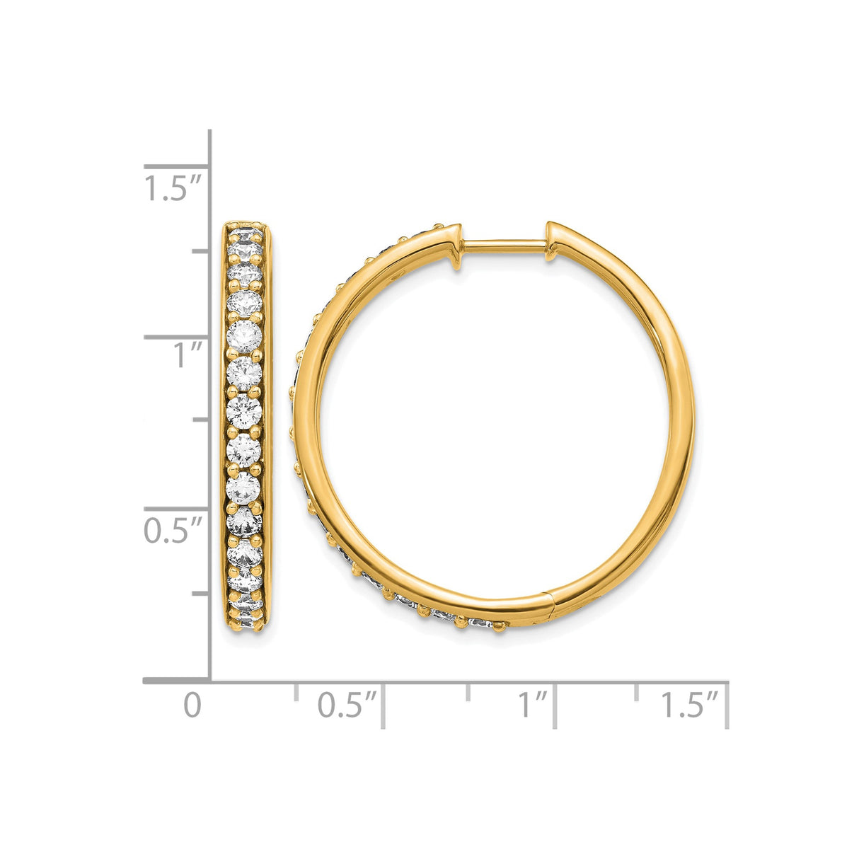 14k Yellow Gold Hoop Earrings with Round Cut Diamond in Shared Prong Setting