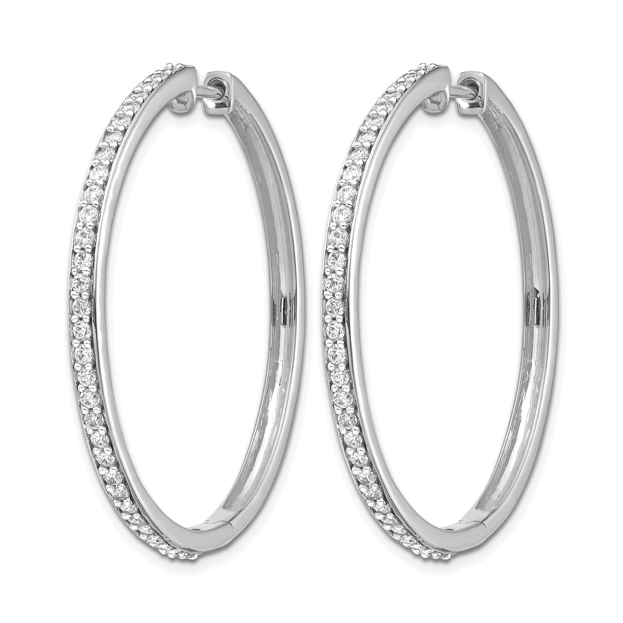 14k White Gold Hoop Earrings with Diamonds, Classic Round Hinged Design