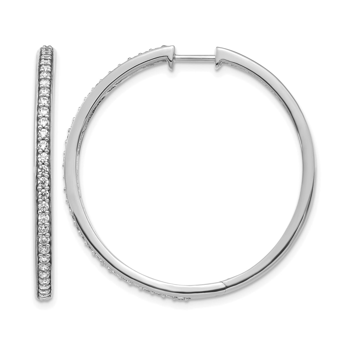 14k White Gold Hoop Earrings with Diamonds, Classic Round Hinged Design