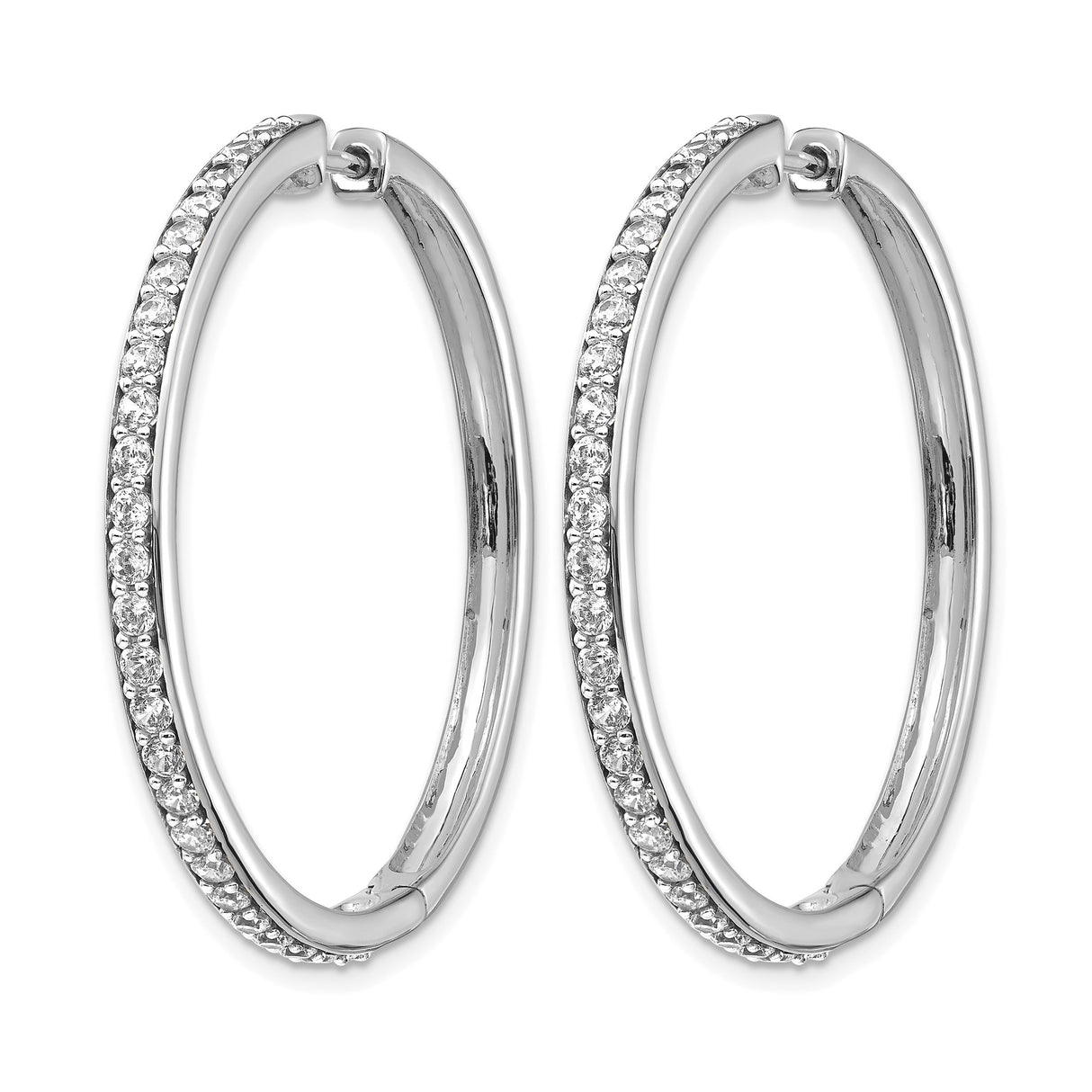 14k White Gold Diamond Hoop Earrings, Polished Hinged Design, Classic Style for Women