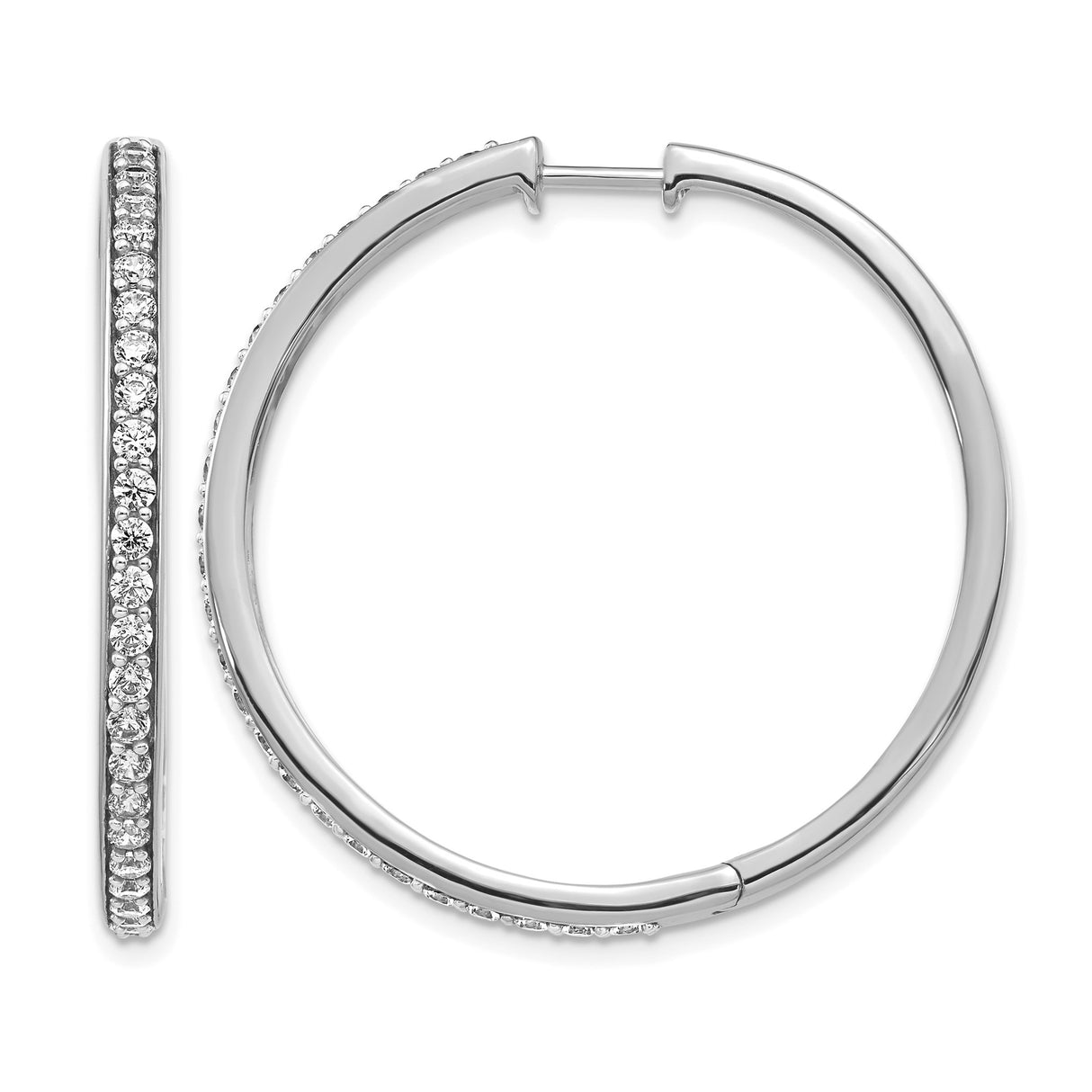 14k White Gold Diamond Hoop Earrings, Polished Hinged Design, Classic Style for Women
