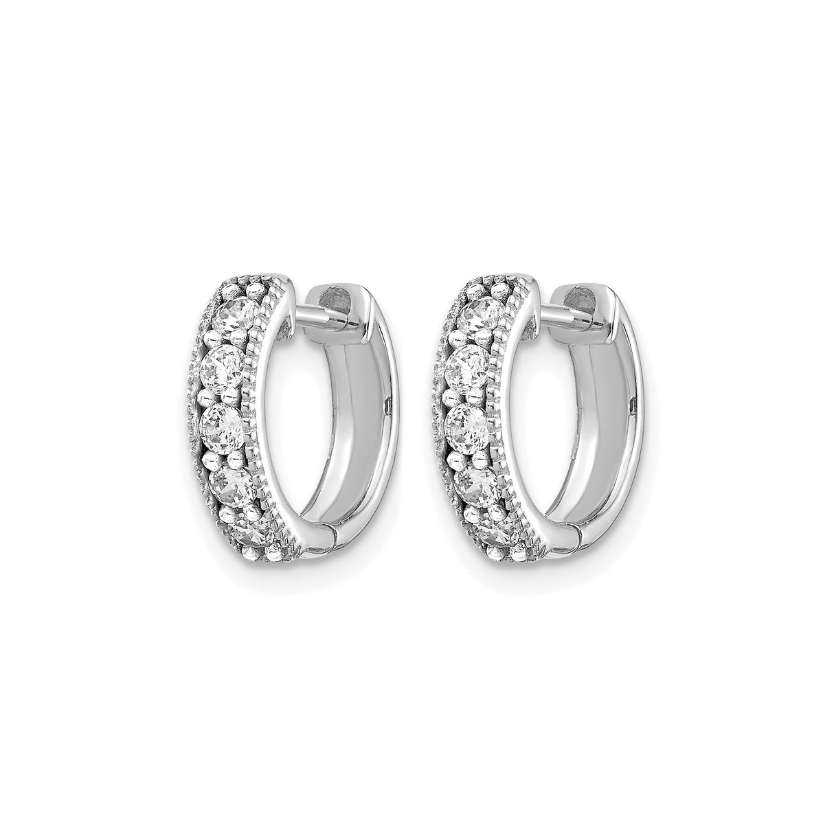 10k White Gold Diamond Huggie Hoop Earrings, Round Cut, Shared Prong Setting