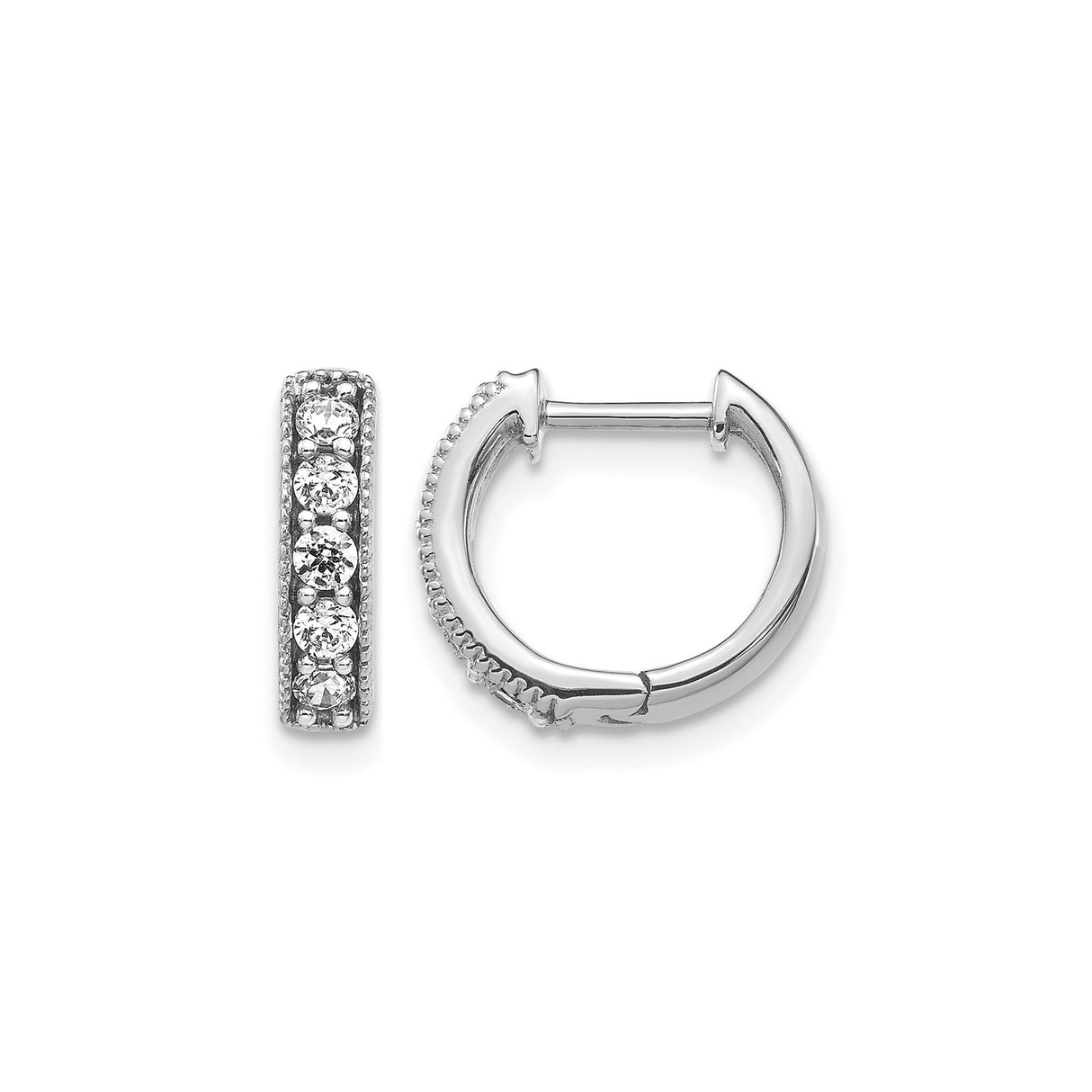 10k White Gold Diamond Huggie Hoop Earrings, Round Cut, Shared Prong Setting