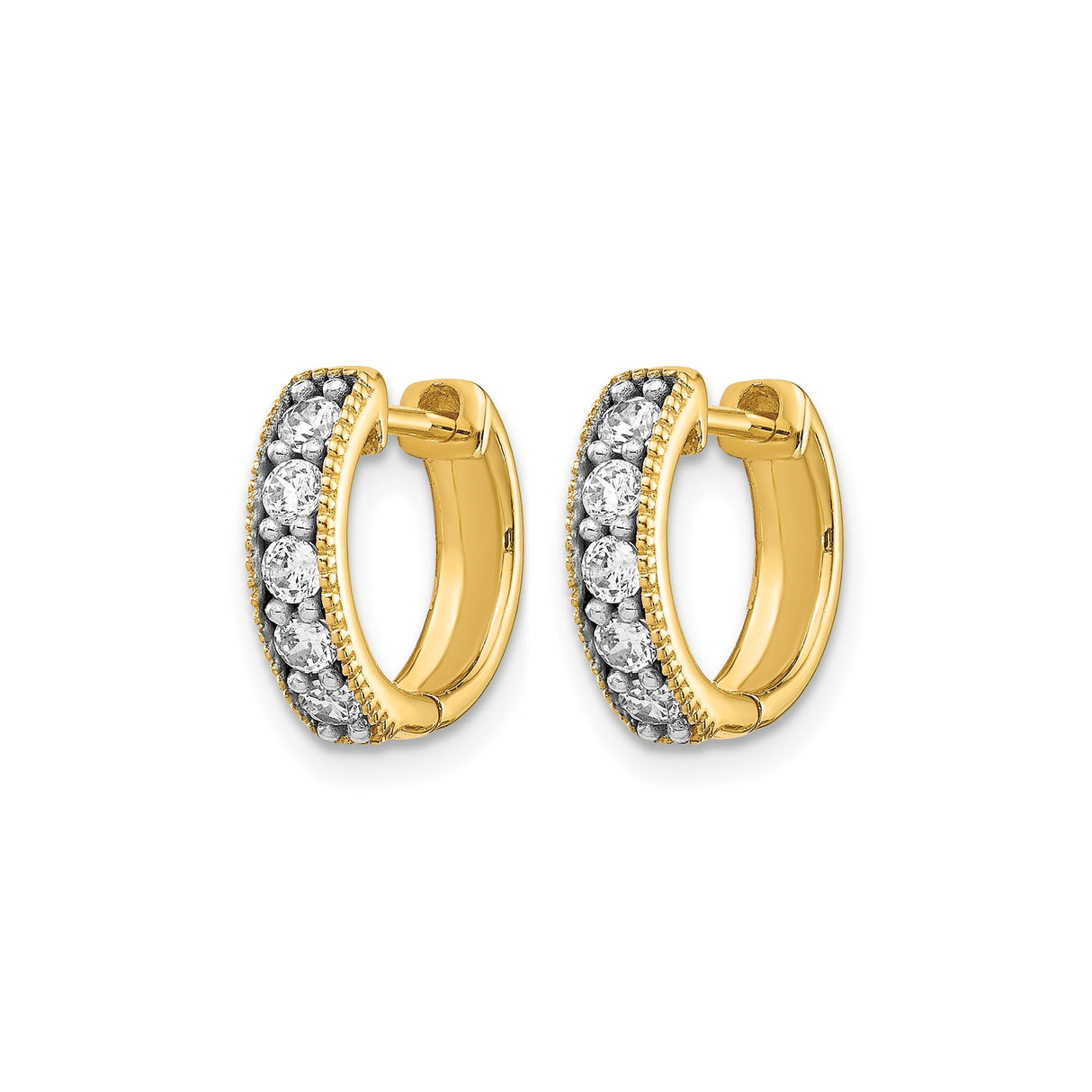 10k Yellow Gold Huggie Earrings with Round White Gemstones, Milgrain Edges, Channel Set Hoops