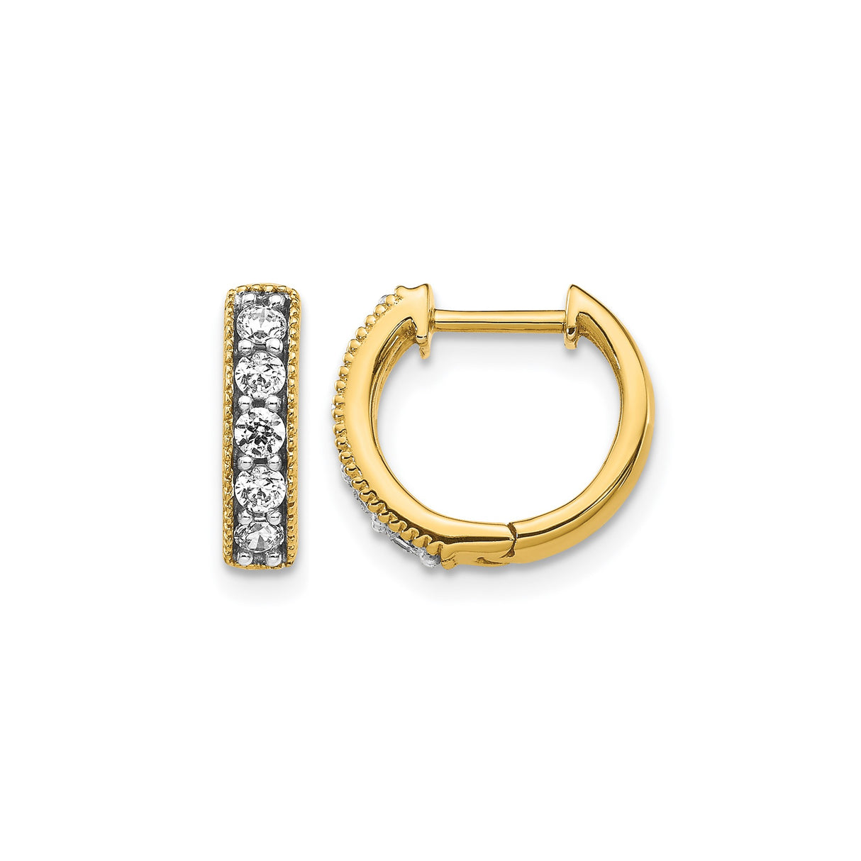 10k Yellow Gold Huggie Earrings with Round White Gemstones, Milgrain Edges, Channel Set Hoops