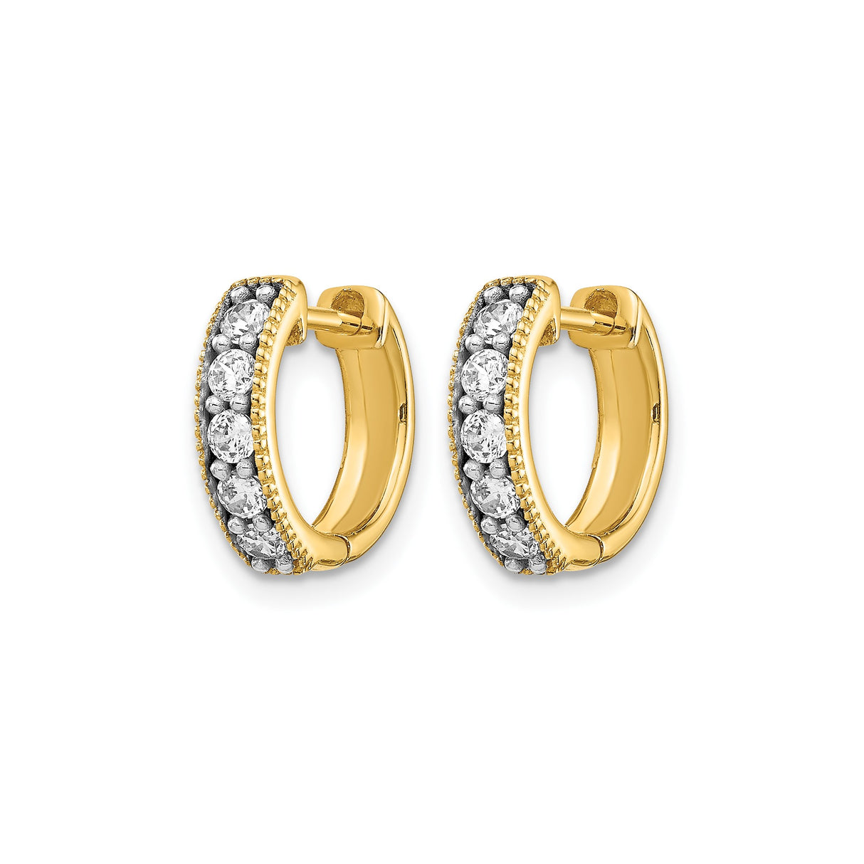 14k Yellow Gold Hoop Earrings with Diamond Accents, Channel Set Huggie Style with Milgrain Edge