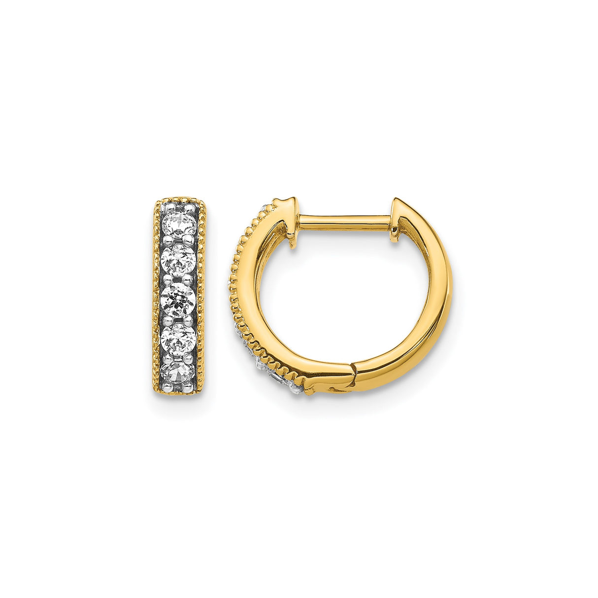 14k Yellow Gold Hoop Earrings with Diamond Accents, Channel Set Huggie Style with Milgrain Edge