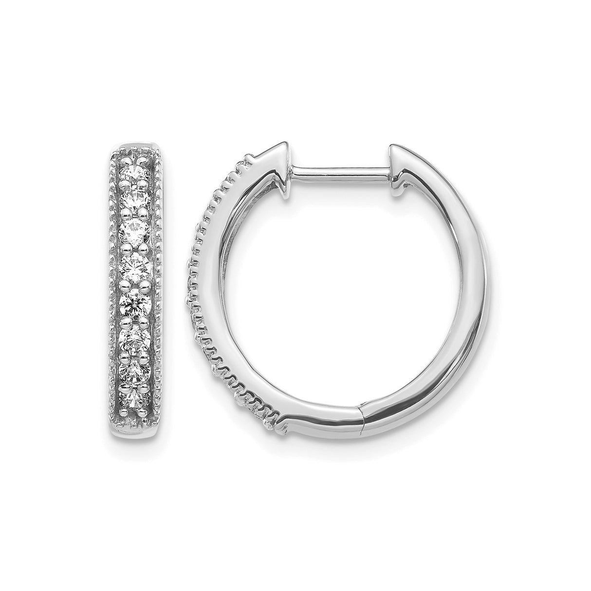 10k White Gold Diamond Hoop Earrings, Pave Setting with Milgrain Detail