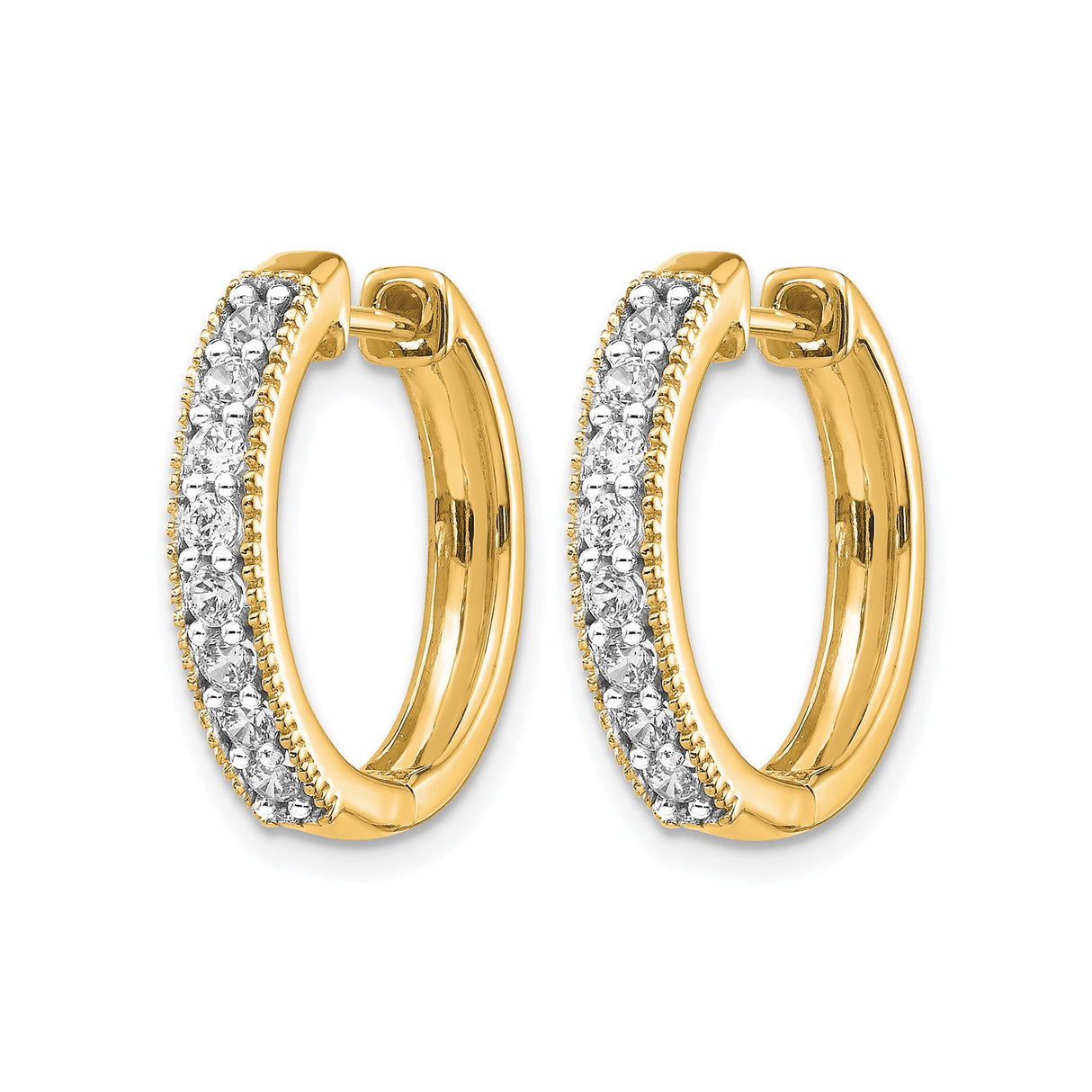 10k Yellow Gold Hoop Earrings with White Diamonds, Channel Set, Milgrain Detailing