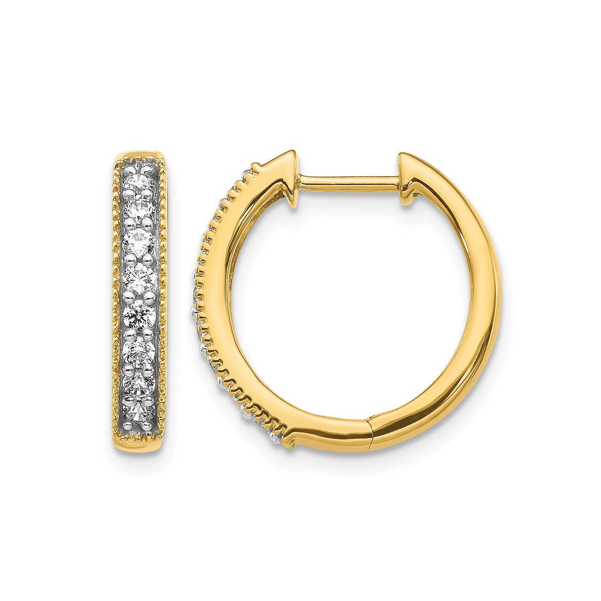 10k Yellow Gold Hoop Earrings with White Diamonds, Channel Set, Milgrain Detailing