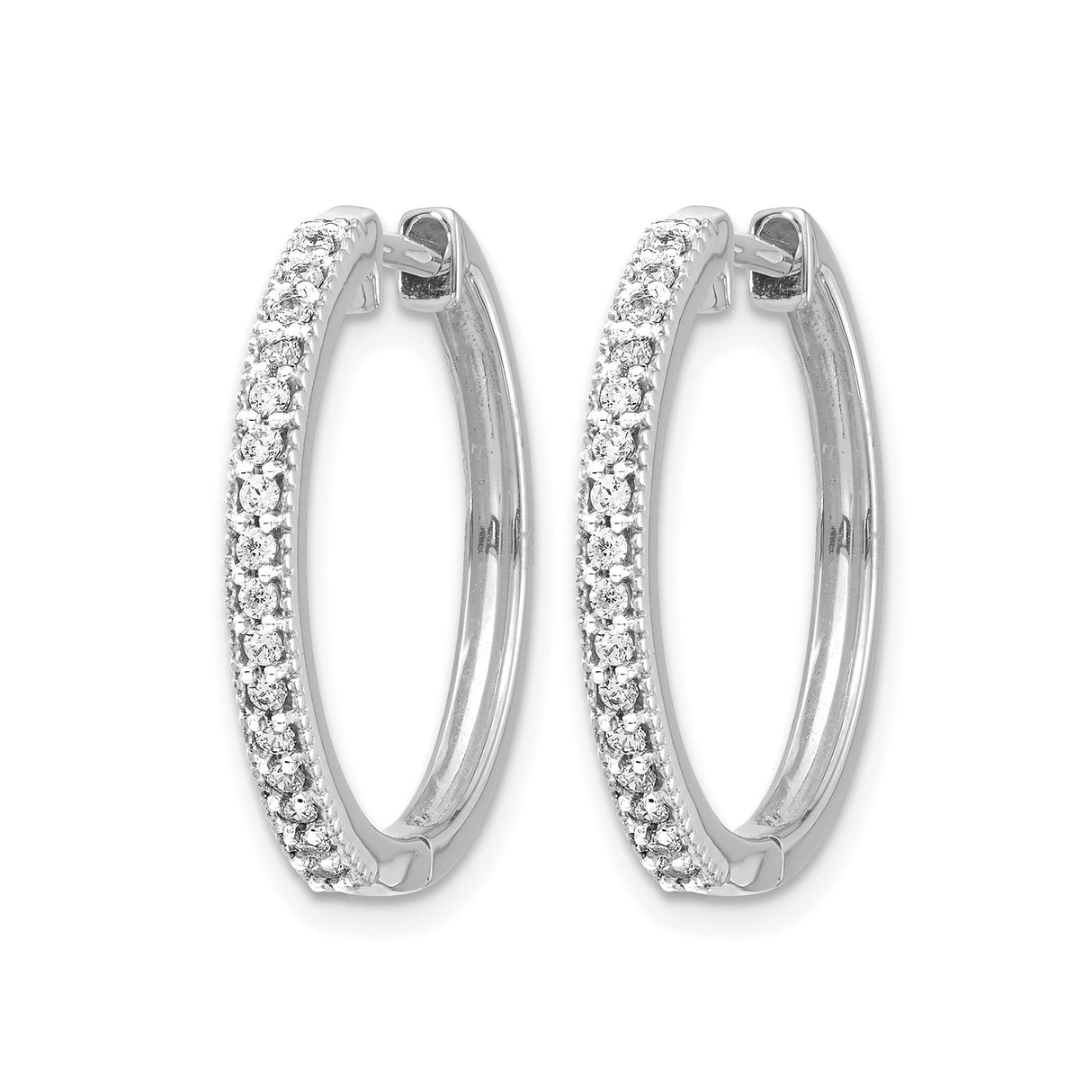14k White Gold Diamond Hoop Earrings, Round Pave Set Medium Classic Hoops for Women