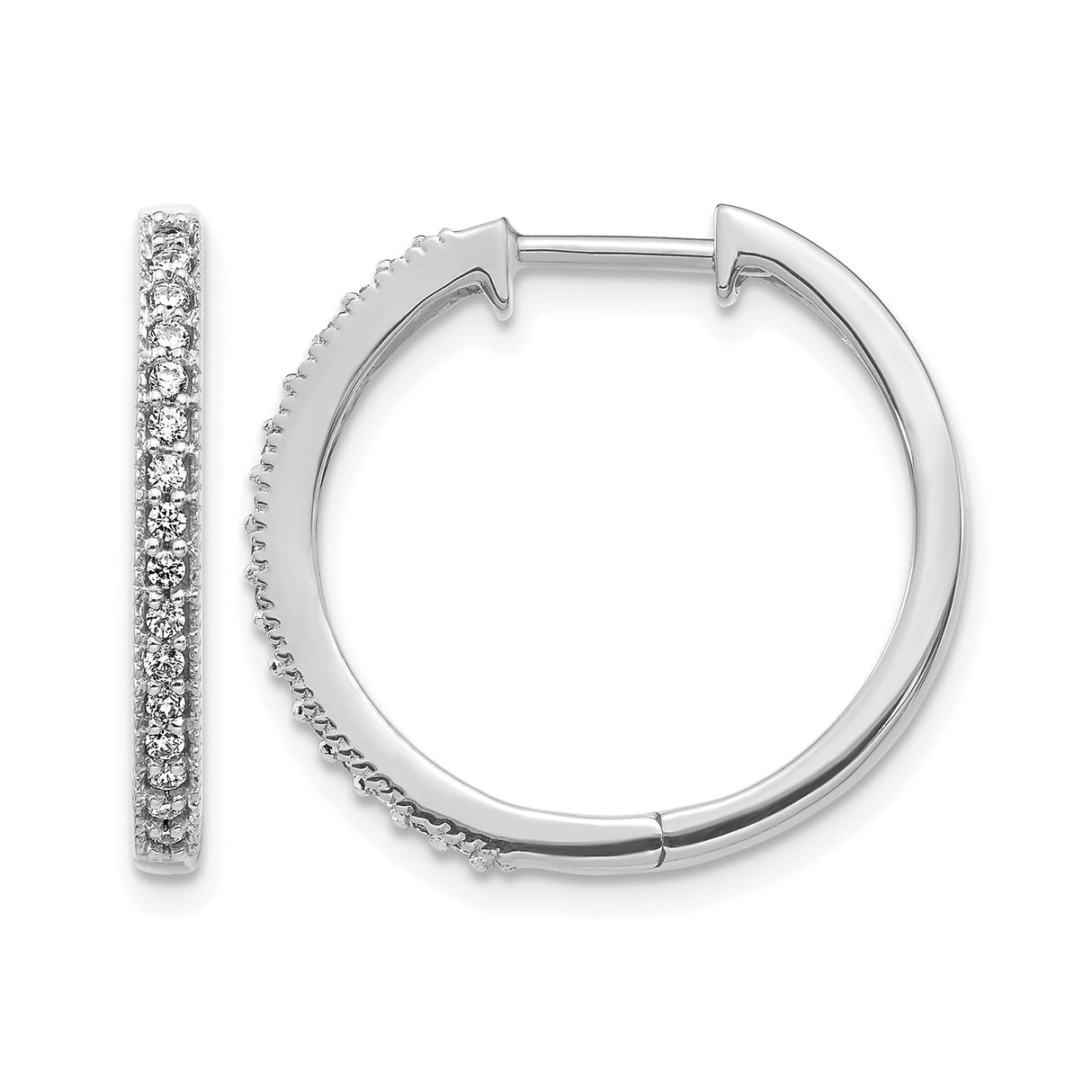 14k White Gold Diamond Hoop Earrings, Round Pave Set Medium Classic Hoops for Women