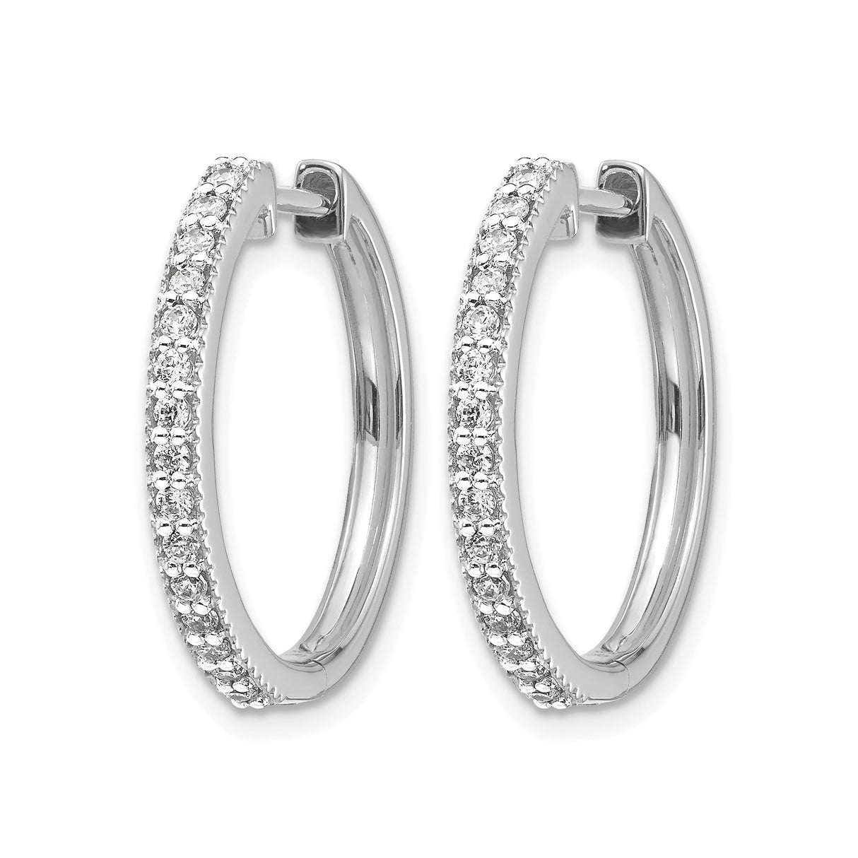 14k White Gold Hoop Earrings with Round Cut Diamonds in Pavé Setting