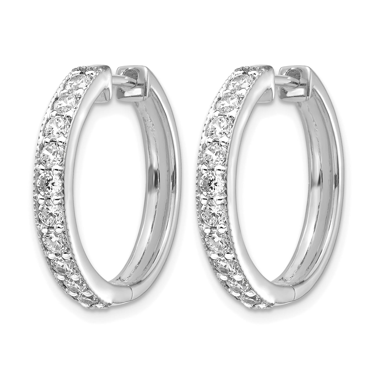 14k White Gold Hoop Earrings with Round Cut Diamonds and Milgrain Detail