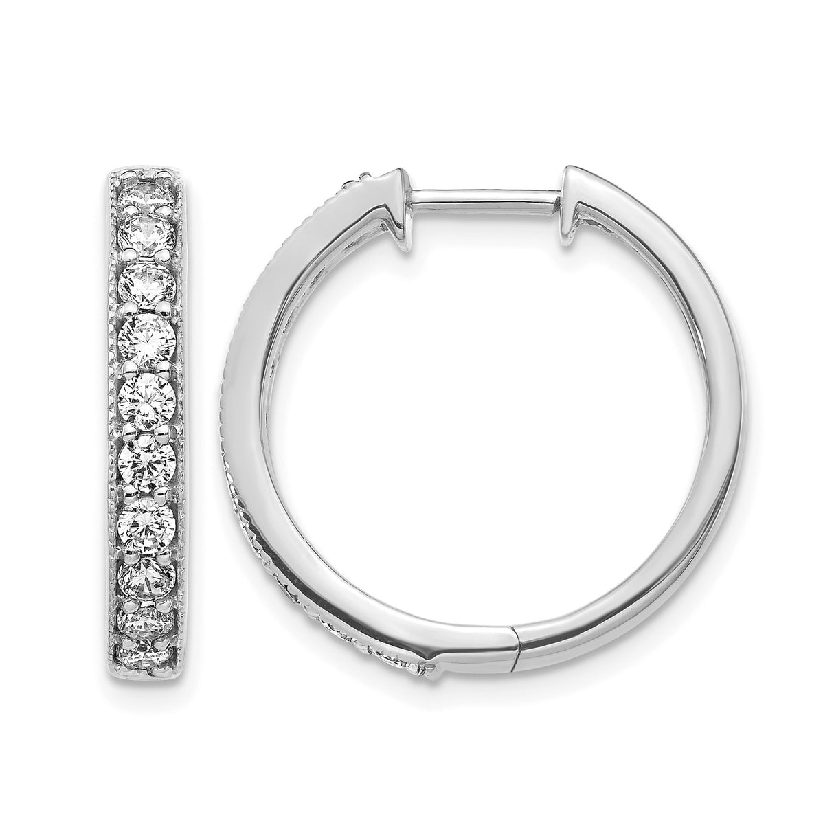 14k White Gold Hoop Earrings with Round Cut Diamonds and Milgrain Detail