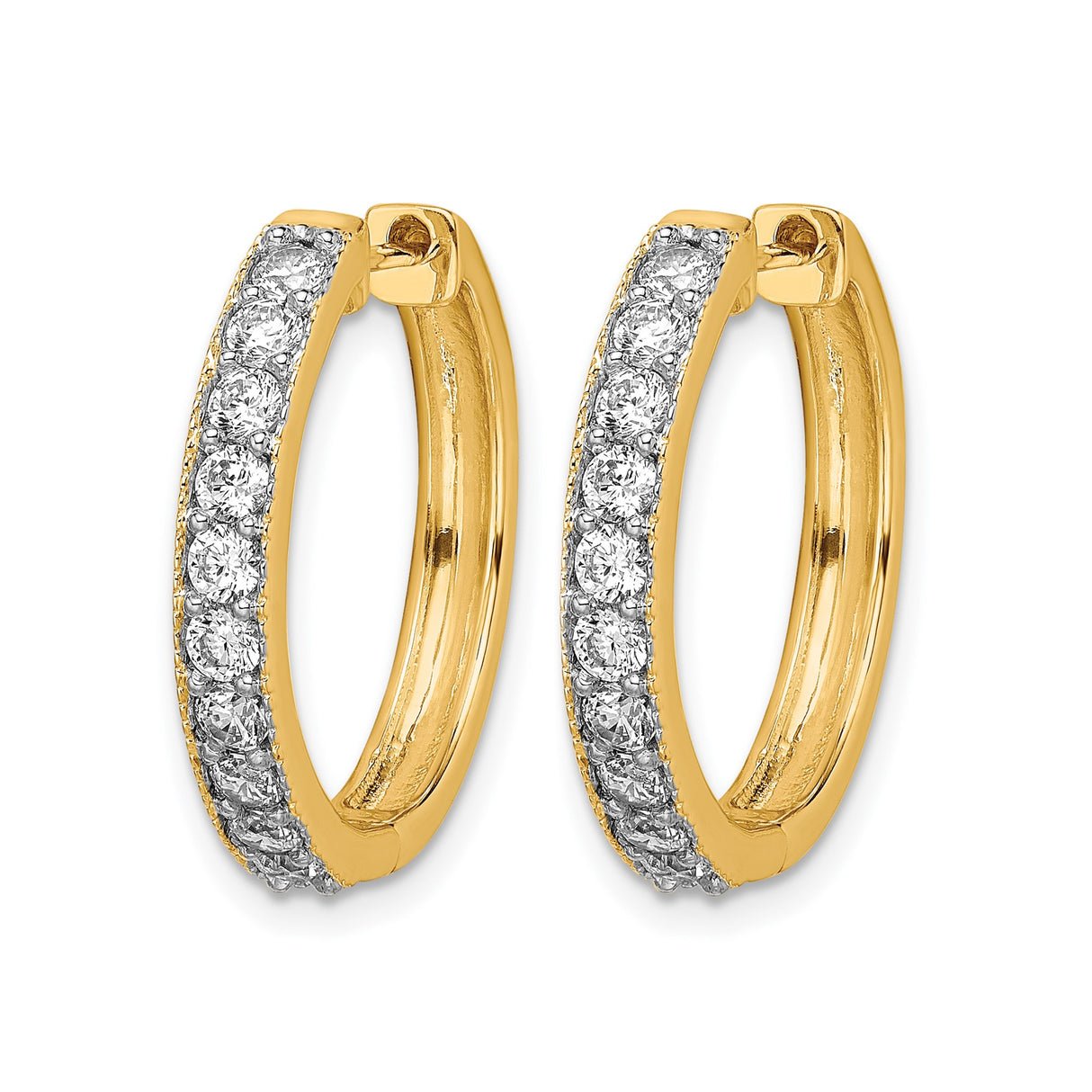14k Yellow Gold Hoop Earrings with Round Cut Diamonds, Channel Set, Milgrain Edge