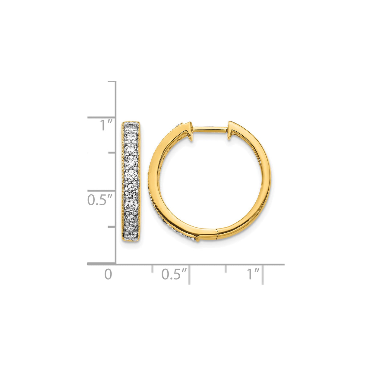 14k Yellow Gold Hoop Earrings with Round Cut Diamonds, Channel Set, Milgrain Edge