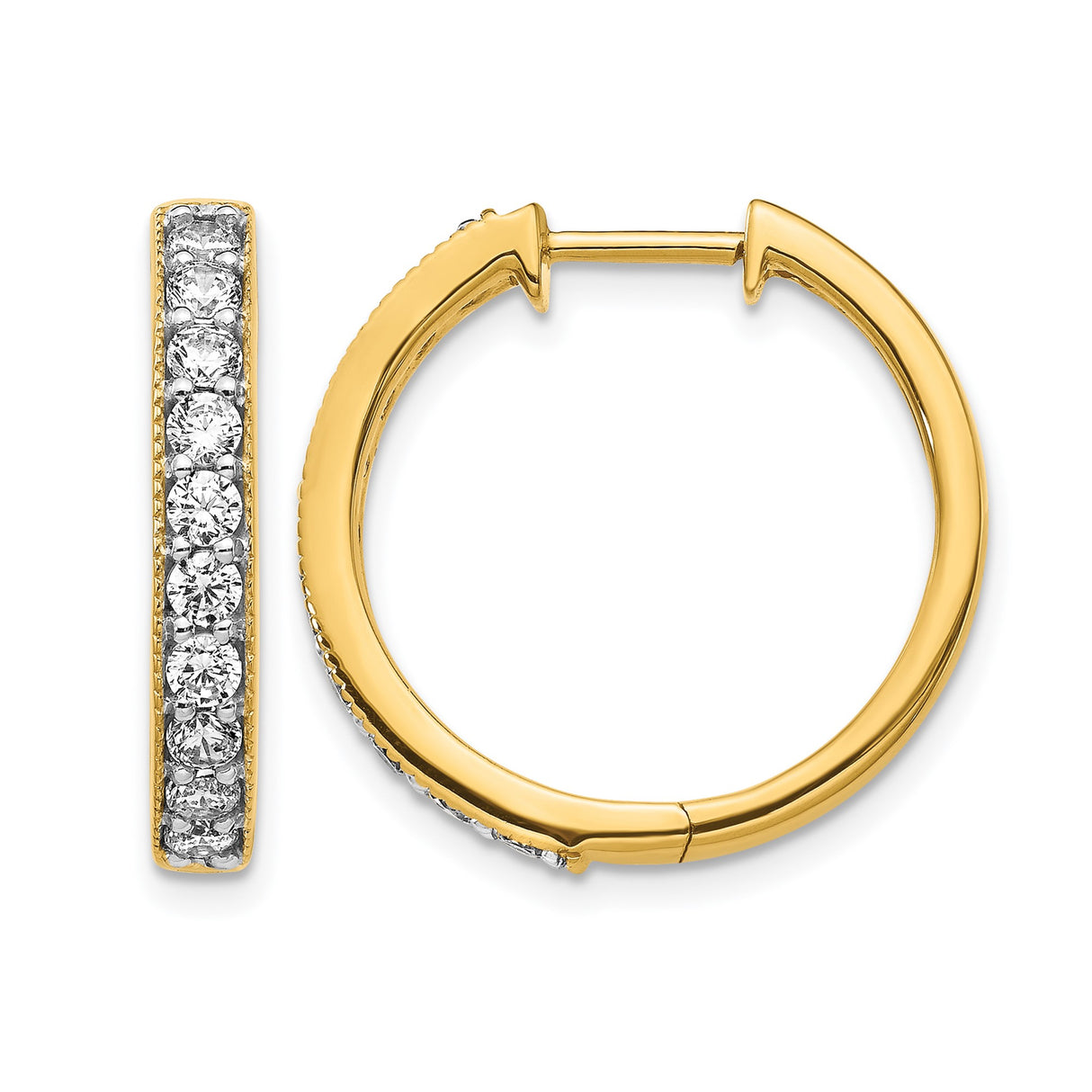 14k Yellow Gold Hoop Earrings with Round Cut Diamonds, Channel Set, Milgrain Edge