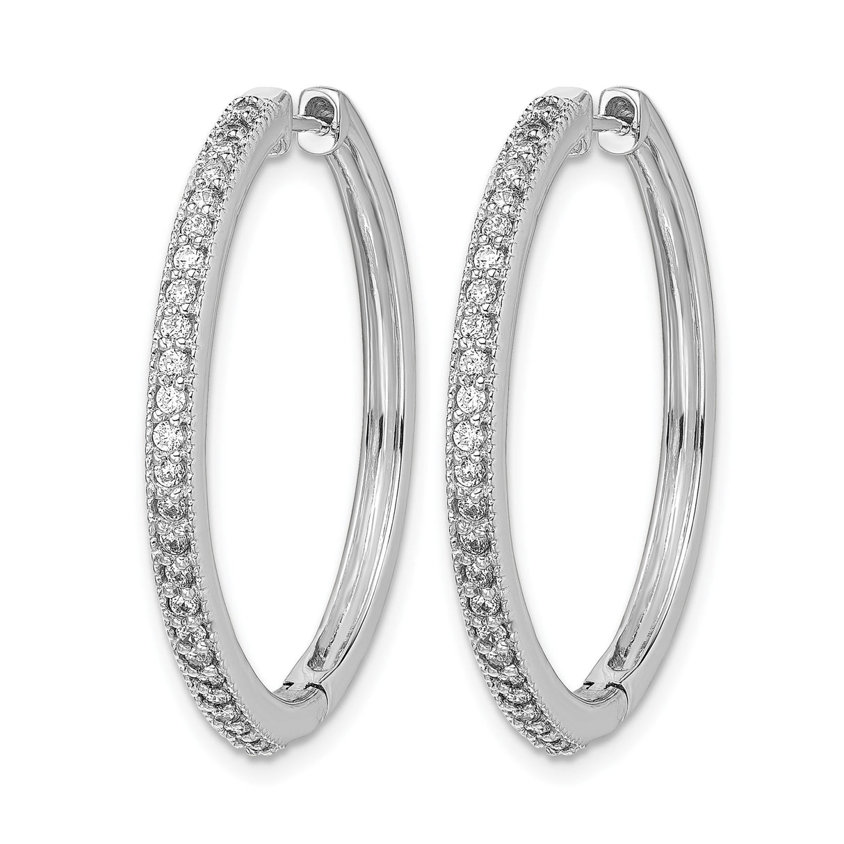 14k White Gold Hoop Earrings with Round Diamonds, Polished Sleek Design for Women